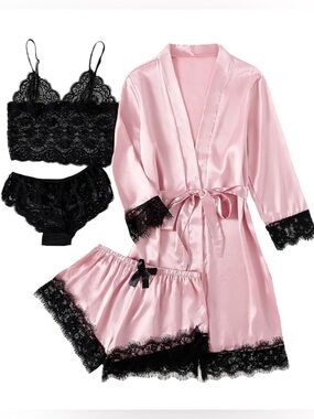 Women's Sexy Silk Satin Pajamas Set 4pcs Lingerie